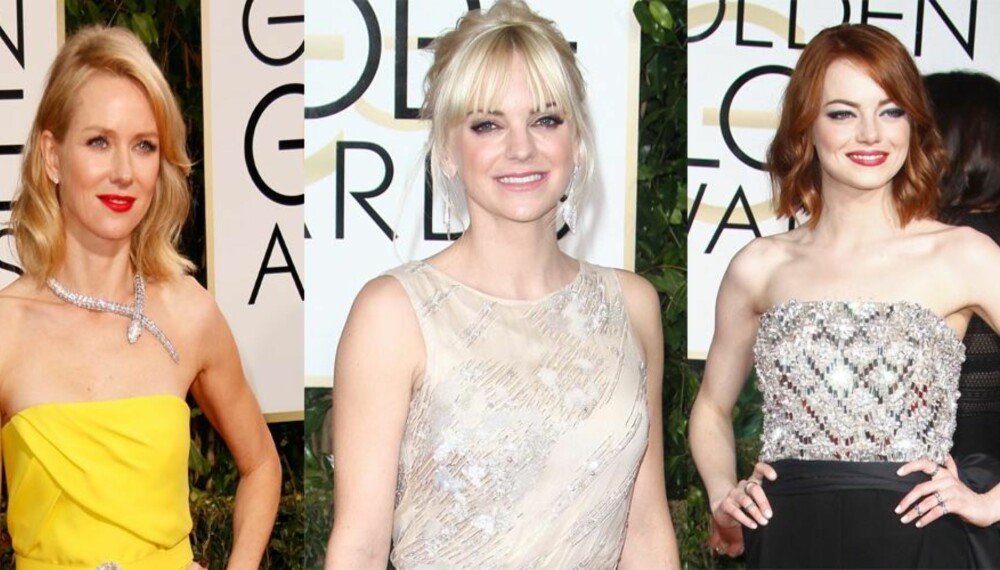 STJERNESPEKKET GOLDEN GLOBE: Naomi Watts, Anna Faris og Emma Stone strålte under Golden Globe-utdelingen. Her på den røde løperen utenfor Beverly Hilton Hotel i Hollywood. 