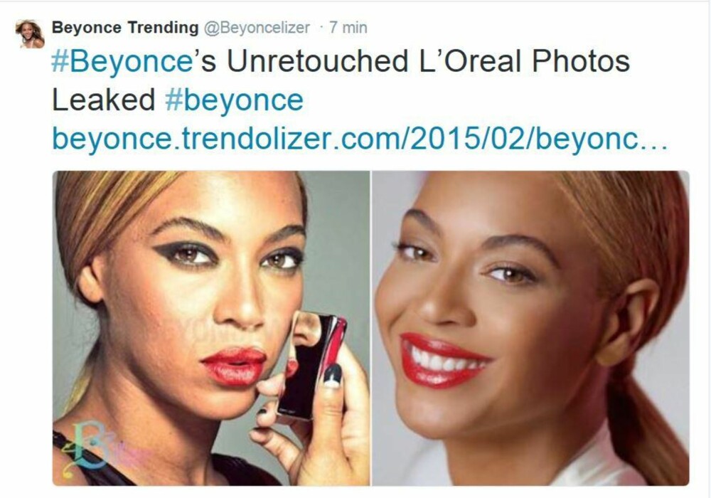 FØR OG ETTER: Dette bildet skal vise Beyoncé før og etter retusjering i Photoshop.