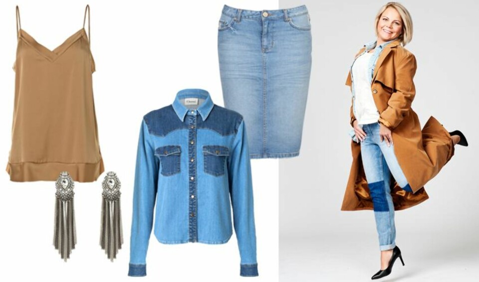 TINA HAR PÅ SEG: Kåpe fra Monki, kr. 800. T-skjorte fra Lindex, kr. 179. Jeans fra Never Denim, kr. 499. Sko fra Eurosko, kr. 699. Skjorte fra H&M, kr. 299. PRODUKTFORSLAG: Topp fra By Malene Birger, kr. 1299. Øredobber fra Bik Bok, kr. 199. Skjorte fra Ganni, kr. 1049. Skjørt fra Vivikes, kr. 499.