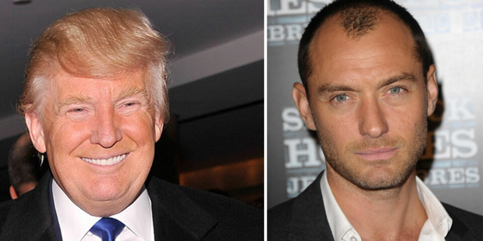FEIL OG RIKTIG: Donalds Trumps hentesveis er aldri en god look - det finnes andre måter å skjule at dy tynnes i toppen på. Jude Laws hårviker kryper oppover, men han holder resten av håret stramt og kort, noe som gjør kontrasten mellom hår og bar skalle mindre.