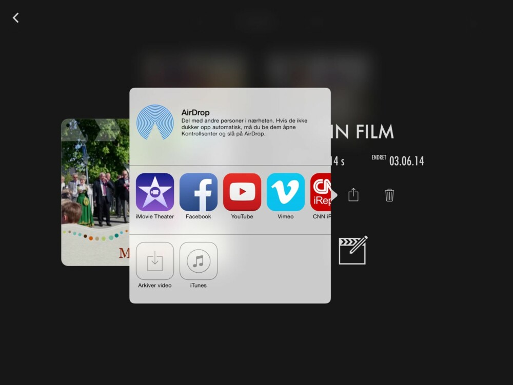 DEL: iMovie for iPad har mange muligheter for deling av den ferdige filmen.