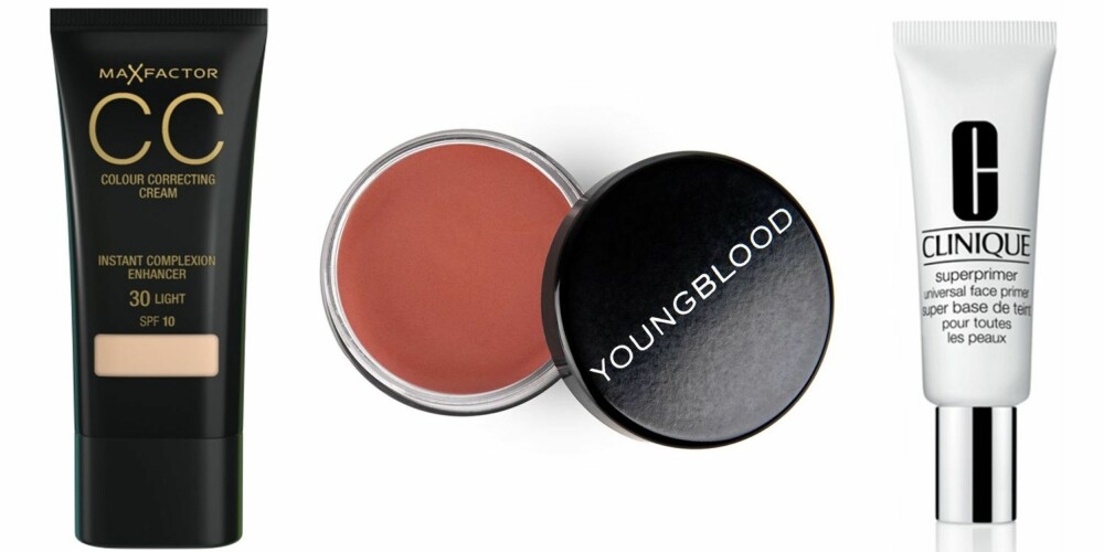 GODE PRODUKTER: Max Factro CC Colour Correcting Cream SPF 10, kr 119. Youngblood Lumnious Créme Blush i fargen Plum Satin, kr 290. Clinique Superprimer Uinversal Face Primer, kr 230. GODE PRODUKTER: Max Factro CC Colour Correcting Cream SPF 10, kr 119. Youngblood Lumnious Créme Blush i fargen Plum Satin, kr 290. Clinique Superprimer Uinversal Face Primer, kr 230.