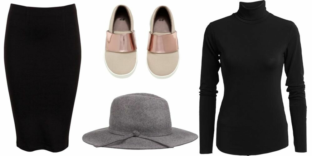 MODERNE KLASSISK: Skjørt fra Bik Bok, kr 199. Sko fra H&M, kr 290. Hatt fra Nelly.com, kr 199. Høyhalset genser fra Lindex, kr 199. MODERNE KLASSISK: Skjørt fra Bik Bok, kr 199. Sko fra H&M, kr 290. Hatt fra Nelly.com, kr 199. Høyhalset genser fra Lindex, kr 199.