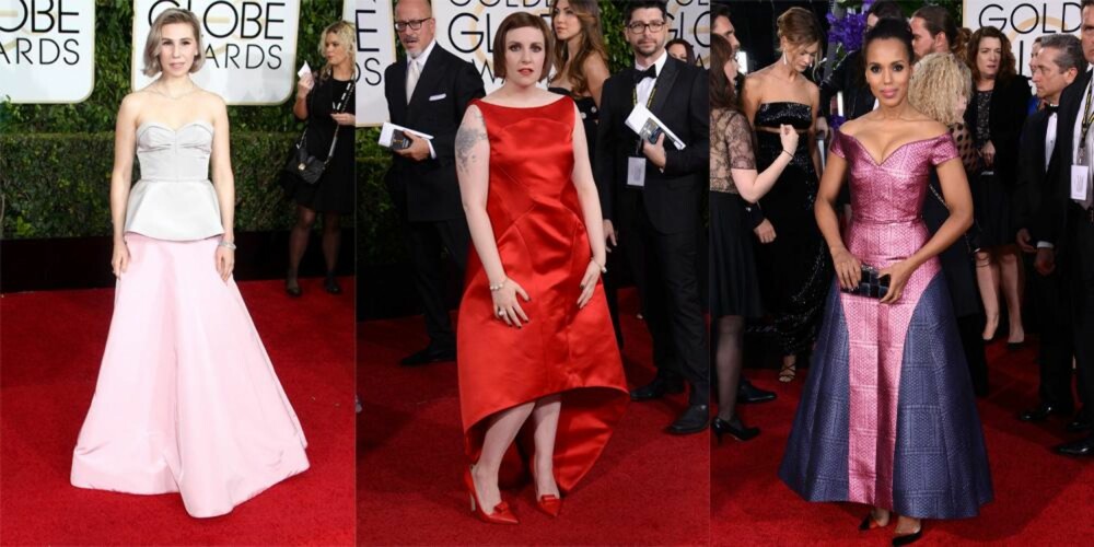 IMPONERTE IKKE: Fra venstre: skuespillerne Zosia Mamet, Lena Dunham og Kerry Washington hadde ikke tatt på seg kjoler Cecilie Mevatne kommer til å huske. 