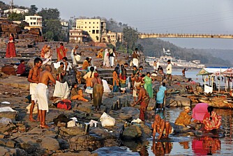 TRANGT OM PLASSEN: Lufta er kald og vannet er kaldere. Her hvor de hellige elvene Narmara og Keveri møtes, er det et mylder av folk, både vanlige og hellige. Alle skal ta et hellig morgenbad i elven.