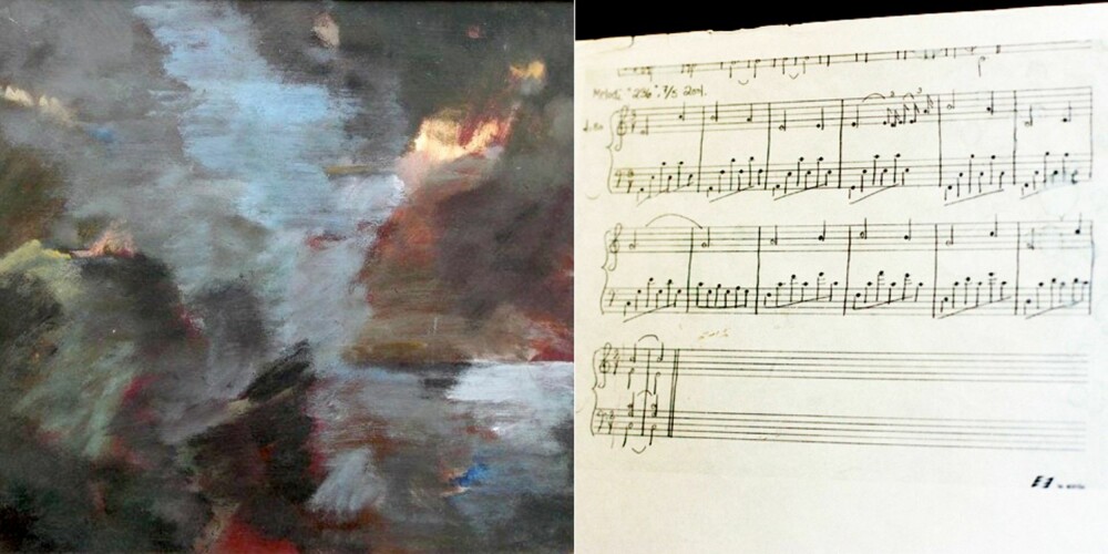 KUNST: Til venstre er det første maleriet Rie malte etter drapet. Sangen til høyre heter Jeg forsvandt en nat.
