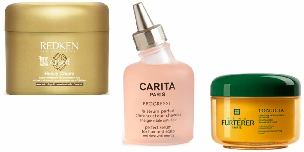 FRA VENSTRE: Redken All soft heavy cream (kr 385), Carita Perfect serum for hair and scalp (kr 640), René Futurer Tonucia toning and densifying mask (kr 475) FRA VENSTRE: Redken All soft heavy cream (kr 385), Carita Perfect serum for hair and scalp (kr 640), René Futurer Tonucia toning and densifying mask (kr 475)