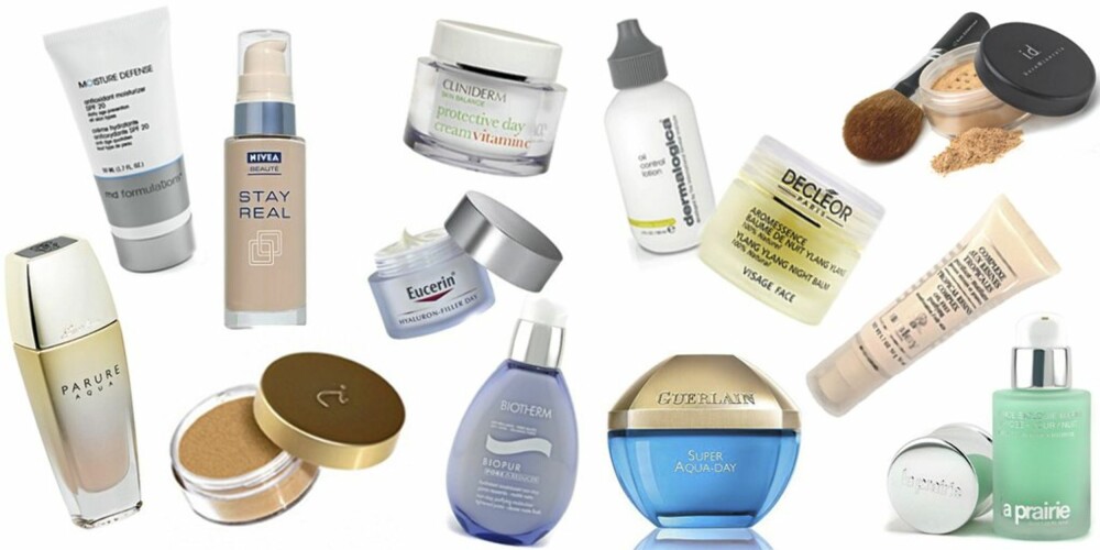 DISSE ER TRYGGE: Det finnes mange produkter uten noen av ingrediensene på verstinglista. Fra venstre: Guerlain Parure aqua foundation, MD Formulation moisture defense anitoxidant moisturizer, Jane Iredale Amazing base foundation, Nivea Stay real foundation, Eucerin Hyaluron-filler, Cliniderm Protective day cream, Dermalogica Oil control lotion, Biotherm Biopur non stop purifying moisturizer, Guerlain Super aqua day cream, Decleor Aromessence Ylang-ylang night balm, La Prairie Advanced marine biology solution day/night, Sisley Tropical resins complex oil free, Bare Minerals foundation. DISSE ER TRYGGE: Det finnes mange produkter uten noen av ingrediensene på verstinglista. Fra venstre: Guerlain Parure aqua foundation, MD Formulation moisture defense anitoxidant moisturizer, Jane Iredale Amazing base foundation, Nivea Stay real foundation, Eucerin Hyaluron-filler, Cliniderm Protective day cream, Dermalogica Oil control lotion, Biotherm Biopur non stop purifying moisturizer, Guerlain Super aqua day cream, Decleor Aromessence Ylang-ylang night balm, La Prairie Advanced marine biology solution day/night, Sisley Tropical resins complex oil free, Bare Minerals foundation.