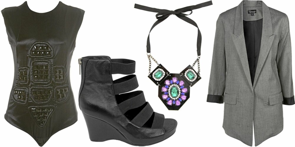 FRA VENSTRE: Body fra Topshop (kr 1489), ankelboots fra Bianco (kr 600), statementsmykke fra Asos (kr 234), Blazer fra Topshop (kr 564). FRA VENSTRE: Body fra Topshop (kr 1489), ankelboots fra Bianco (kr 600), statementsmykke fra Asos (kr 234), Blazer fra Topshop (kr 564).