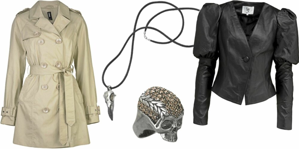 FRA VENSTRE: Trenchcoat fra Cubus (kr 399), smykke fra Thomas Sabo (kr 2498), ring fra Vivienne Westwood (kr 2300), jakke med skulptrerte skuldere fra Vero Moda Very (kr 1200). FRA VENSTRE: Trenchcoat fra Cubus (kr 399), smykke fra Thomas Sabo (kr 2498), ring fra Vivienne Westwood (kr 2300), jakke med skulptrerte skuldere fra Vero Moda Very (kr 1200).