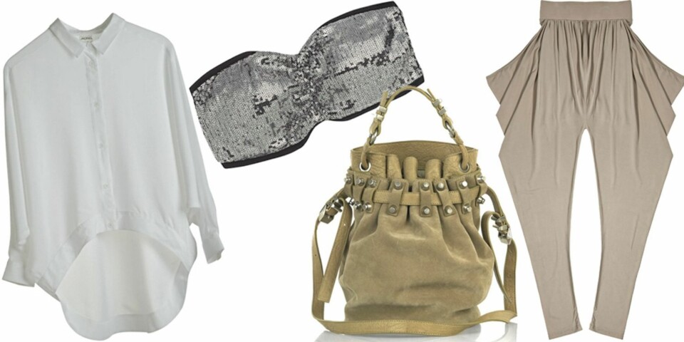 FRA VENSTRE: Skjorte fra Monki (kr 400), bandasjetopp med palejetter fra Lindex (kr 149), bøtteveske fra Alexander Wang (kr 4590), beige bukse fra Pepe Jeans (kr 699).