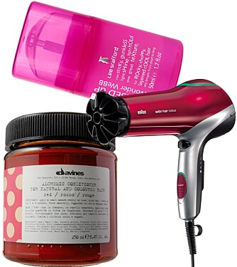 FRA VENSTRE: Lee Stafford Messed Up Wonder Webb (kr 89), Davines Alchemic conditioner red (kr 215), Braun Satin hair colour hårføner (kr 599). FRA VENSTRE: Lee Stafford Messed Up Wonder Webb (kr 89), Davines Alchemic conditioner red (kr 215), Braun Satin hair colour hårføner (kr 599).