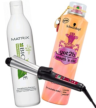 FRA VENSTRE: Braun Satin hair colour krølltang (kr 599), Matrix Biolace strengthening shampoo (kr 170), Got2be Smoothing hairspray (kr 74,50).