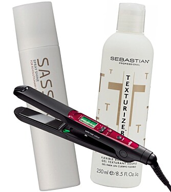 FRA VENSTRE: Braun Satin hair colour rettetang (kr 599), Sassoon Spray shine (kr 295), Sebastian Texturizer (kr 350).