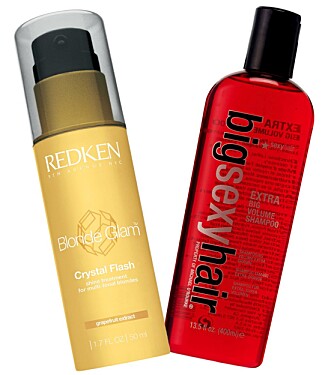 FRA VENSTRE: Redken Blonde glam crystal flash (kr 305) og Sexy hair Extra big volume shampoo (kr 196)