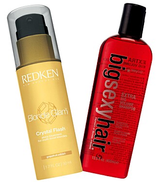 FRA VENSTRE: Redken Blonde glam crystal flash (kr 305) og Sexy hair Extra big volume shampoo (kr 196) FRA VENSTRE: Redken Blonde glam crystal flash (kr 305) og Sexy hair Extra big volume shampoo (kr 196)