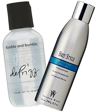 FRA VENSTRE: Bumble and Bumble Defrizz (kr 170) og Grahham Web Magnitude mousse (kr 225).