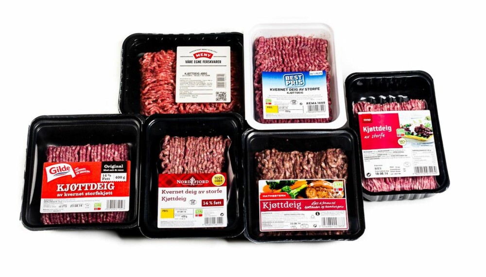 TEST AV KJØTTDEIG: Vi har testet 6 ulike typer kjøttdeig med 14 % fett, som alle er tilsatt 5 % vann og 1 % salt. TEST AV KJØTTDEIG: Vi har testet 6 ulike typer kjøttdeig med 14 % fett, som alle er tilsatt 5 % vann og 1 % salt.