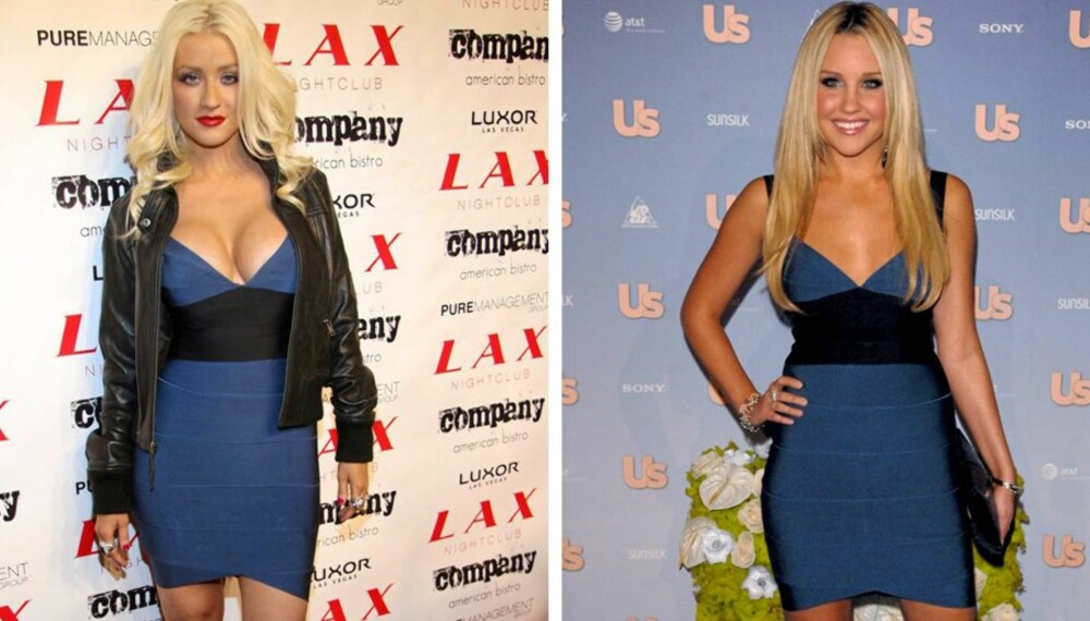 LIKE, MEN ULIKE: Christina Aguilera og Amanda Bynes bærer kjolen forskjellig.