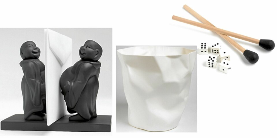 GODE STØTTESPILLERE: Buddha som organiserer papirene dine, kr 169, R.O.O.M. Papirkurv, kr 550, Kvist. Viskelærterninger, kr 10 pr. stk., Bolina, og fyrstikkviskelær, kr 35 for 2 stk., R.O.O.M.
