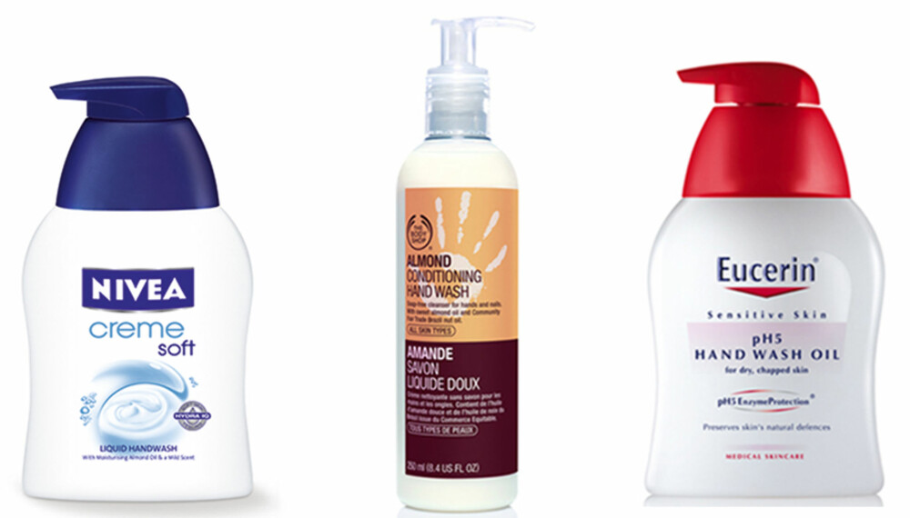 HÅNDSÅPER: Nivea Creme Soft, The Body Shop Almond Conditioning Hand Wash, Eucerin pH5 Hand Wash Oil.