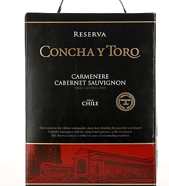 Test av pappvinGOD FYLDE: Concha y Toro Carmenere Cabernet Sauvignon Reserva 2008 har bløte tanniner, god fylde og middels syre. Den beste chileneren.
