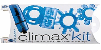 PENISRINGER: Climax sett med penisringer. Dette er Kondomeriets anbefaling, et sett ereksjonsringer og en vibrerende penisring som stimulerer begge parter. 199 kroner.