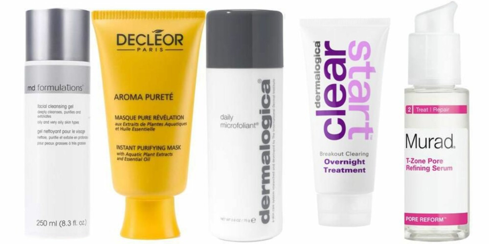 FRA VENSTRE: Md Formulations Facial Cleansing Gel (kr 439), Decléor Aroma Pureté Instant Purifying Mask (kr 339), Dermalogica Daily Microfoliant (kr 590), Clear Start Overnight Treatment fra Dermalogica (kr 195) og Murad T-Zone Pore Refining Serum (kr 520).