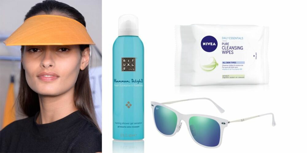 SPORTY: Solbriller fra Ray-Ban, kr 2050. Foaming Shower Gel Sensation fra Rituals, kr 85. Pure Cleansing Wipes fra Nivea, kr 50.  