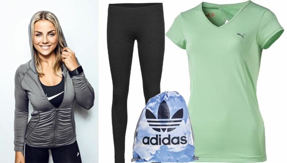 PIAS FAVORITTER: Treningstights fra New Yorker, 299 kr. Treningstopp fra Puma, 499 kr. Treningsbag fra Adidas, 399 kr.  