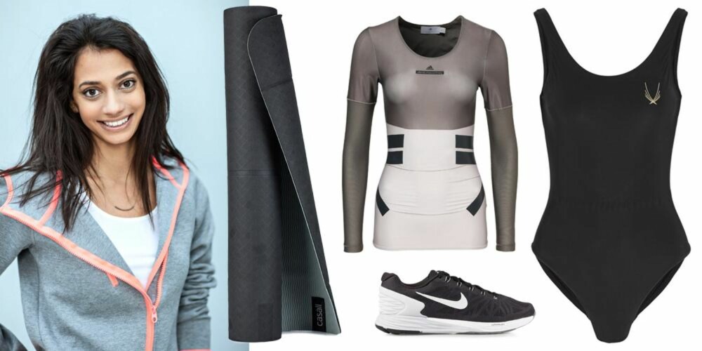 SOFIAS FAVORITTER: Yogamatte fra Casall, 299 kr. Sko fra Nike, 999 kr. Topp fra Adidas by Stella McCartney, 1195 kr. Badedrakt fra Lucas Hugh, 1600 kr. 