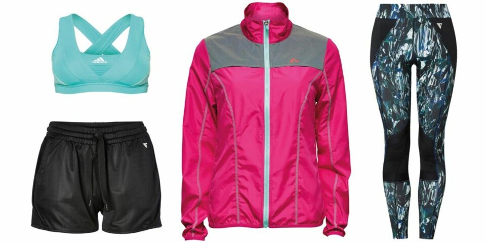 BUDSJETT: Sports-bh fra Adidas, 399 kr. Løpejakke fra Only Play, 299 kr. Shorts fra YAS Sport, 230 kr. Tights fra Cubus, 249 kr.