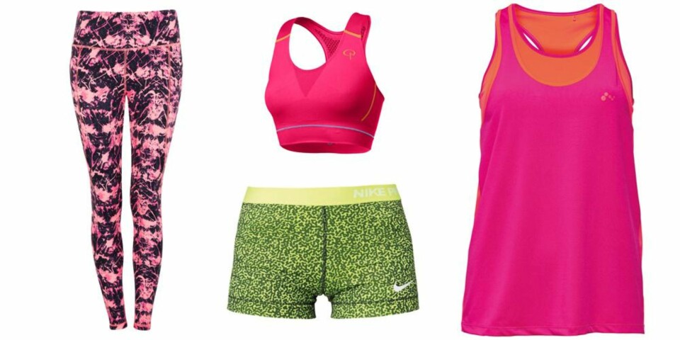 FRISKE FARGER: Tights fra Cubus, 249 kr. Sports-bh fra Pierre Robert, 259 kr. Shorts fra Nike Performance/Zalando, 249 kr. Topp fra Only Play, 280 kr.