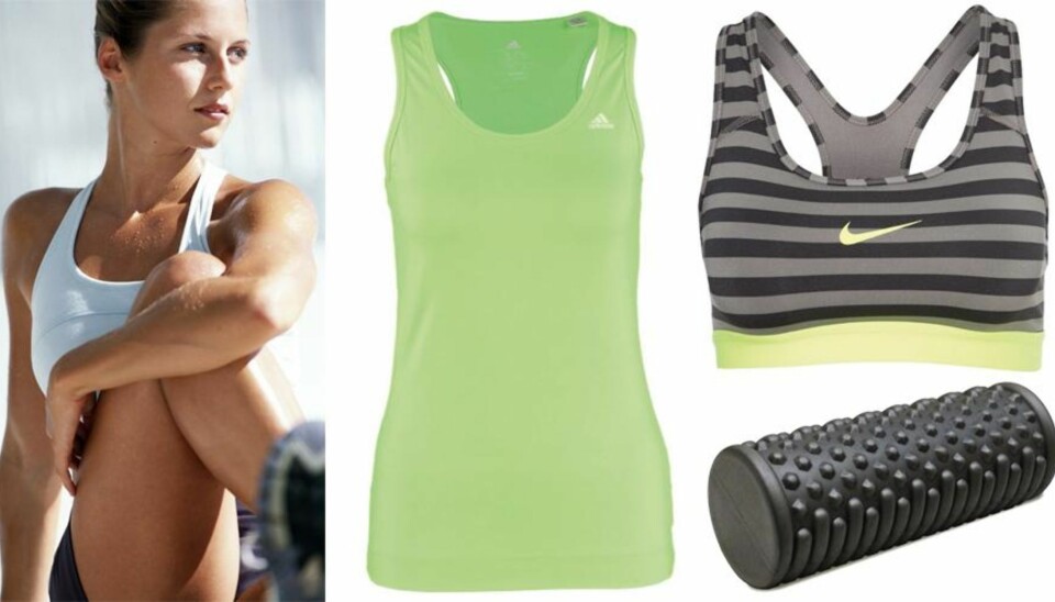 BUDSJETT: Treningssinglet fra Adidas Performance, 299 kr. Sports-bh fra Nike Performance/Zalando, 299 kr. Foam roller fra TriggerPoint, 449 kr.