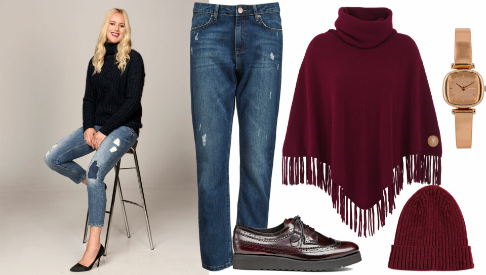 HVERDAGSFRESH: Anine har på seg: Genser fra Second Female, kr 1500. Jeans fra Gina Tricot, kr 400. Sko fra Unisa, kr 1000. Plukk: Jeans fra 2nd One, kr 600. Sko fra La Redoute, kr 400. Poncho i kasjmir fra Kashmina, kr 3100. Lue fra Bik Bok, kr 100. Klokke fra Komono, kr 599.