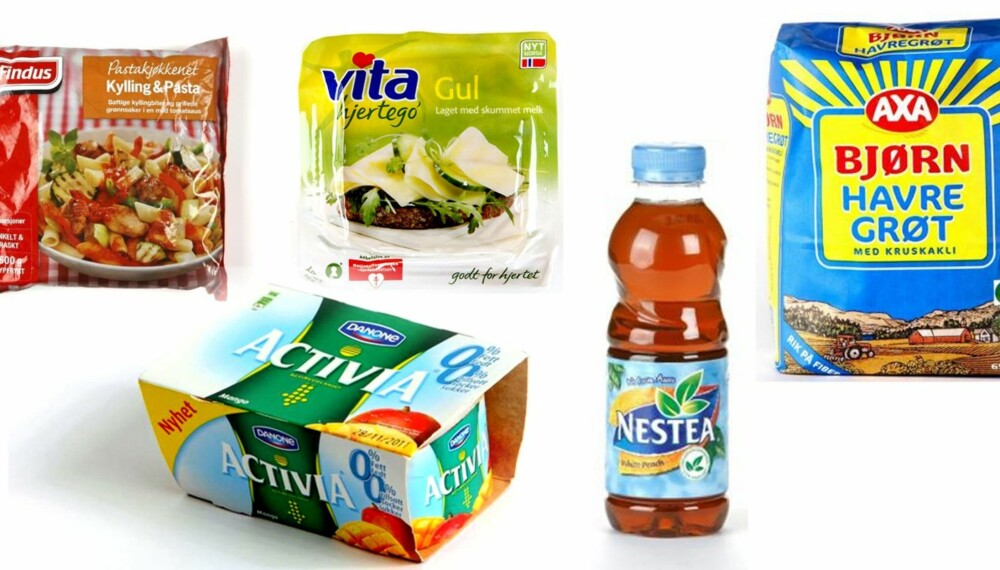 SUNN MAT: Danone Activia yoghurt, Mills Vita Hjertego' Gul ost, Findus Kylling & pasta, Bjørn Havregrøt fra Axa og Nestea white peach iste er de sunneste produktene i sine respektive matvarekategorier, ifølge næringstester Klikk Helse har gjort i 2012.