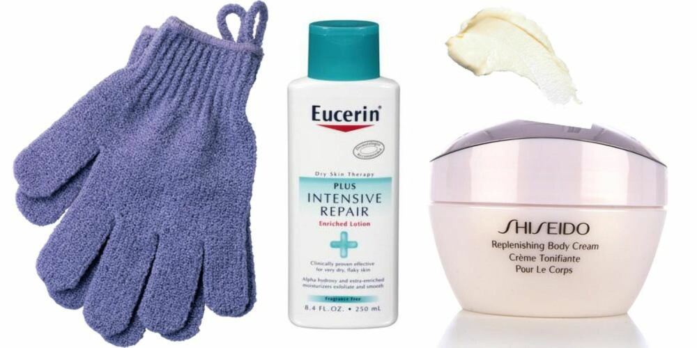 MYK HUD: Complete Repair Intensive Lotion fra Eucerin, kr 225. Shiseido Replenishing Body Cream, kr 704. Skrubbehansker fra The Body Shop, kr 99. 