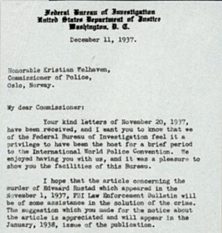 Dette brevet fra FBI-sjefen J. Edgar Hoover ble sendt til politimesteren i Oslo, Kristian Welhaven.