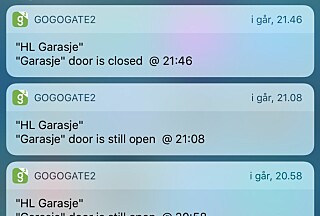 VARSLER: Gogogate2-appen varsler deg når garasjeporten åpner eller lukker seg - og den varsler om porten blir stående åpen.