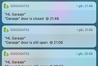 VARSLER: Gogogate2-appen varsler deg når garasjeporten åpner eller lukker seg - og den varsler om porten blir stående åpen. VARSLER: Gogogate2-appen varsler deg når garasjeporten åpner eller lukker seg - og den varsler om porten blir stående åpen.