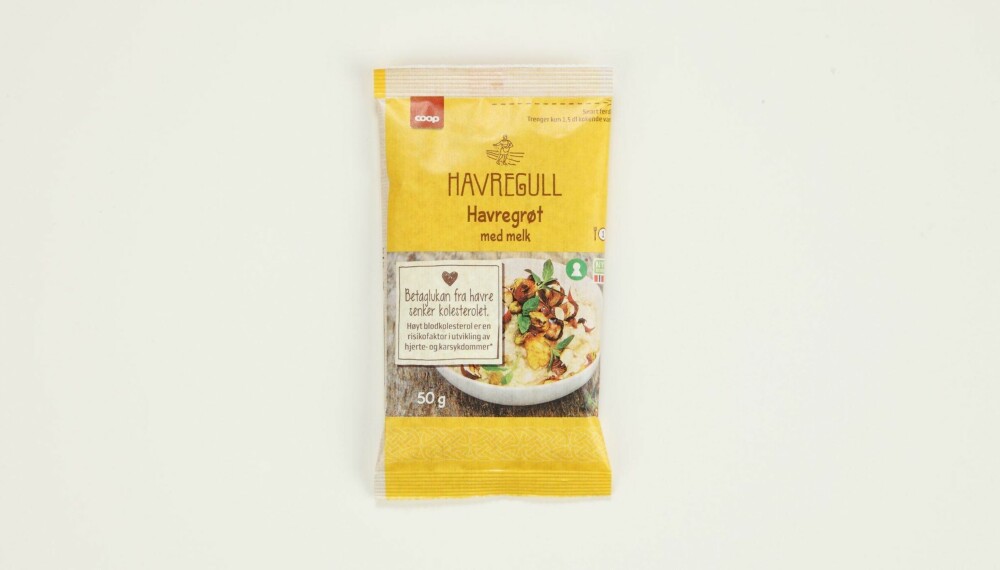 Coop Havregull havregrøt med melk

Produsent: Stangeland Mølle AS/Coop

Pris: Kr 7

Mengde tørrvare: 50 g

Næringsinnhold pr. porsjon: 

Energi: 189 kcal

Fett/hvorav mettet: 3,9/0,7 g

Karbohydrater: 30 g

Hvorav sukkerarter: 2,2 g 

Protein: 7,5 g

Kostfiber: 3,1 g

Salt: 0,2 g

Tilsatt sukker: Nei

Andel havre: 89,6 %

I denne varianten er det kun havregryn supplert med melkepulver og litt salt. Den har lite sukker, middels med protein – og uheldigvis det laveste fiberinnholdet. Lite salt.

Terningkast: 4 *** Local Caption *** Coop Havregull havregrøt med melk

Produsent: Stangeland Mølle AS/Coop

Pris: Kr 7

Mengde tørrvare: 50 g

Næringsinnhold pr. porsjon: 

Energi: 189 kcal

Fett/hvorav mettet: 3,9/0,7 g

Karbohydrater: 30 g

Hvorav sukkerarter: 2,2 g 

Protein: 7,5 g

Kostfiber: 3,1 g

Salt: 0,2 g

Tilsatt sukker: Nei

Andel havre: 89,6 %

I denne varianten er det kun havregryn supplert med melkepulver og litt salt. Den har lite sukker, middels med protein – og uheldigvis det laveste fiberinnholdet. Lite salt.

Terningkast: 4
---------------------------
Oslo/studio 20170306;

Shape-Up

Hjemmet

Klikk.no

Tester

Havre

Havreblandinger



Oslo/studio 06032017;

Shape-Up

Hjemmet

Klikk.no

Tester

Havre

Havreblandinger