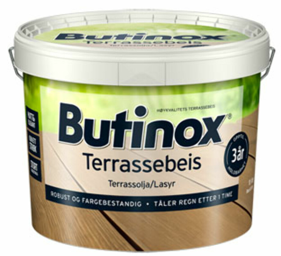 Den nye Butinox terrassebeis tåler regn ca én time etter påføring, avhengig av utetemperatur.