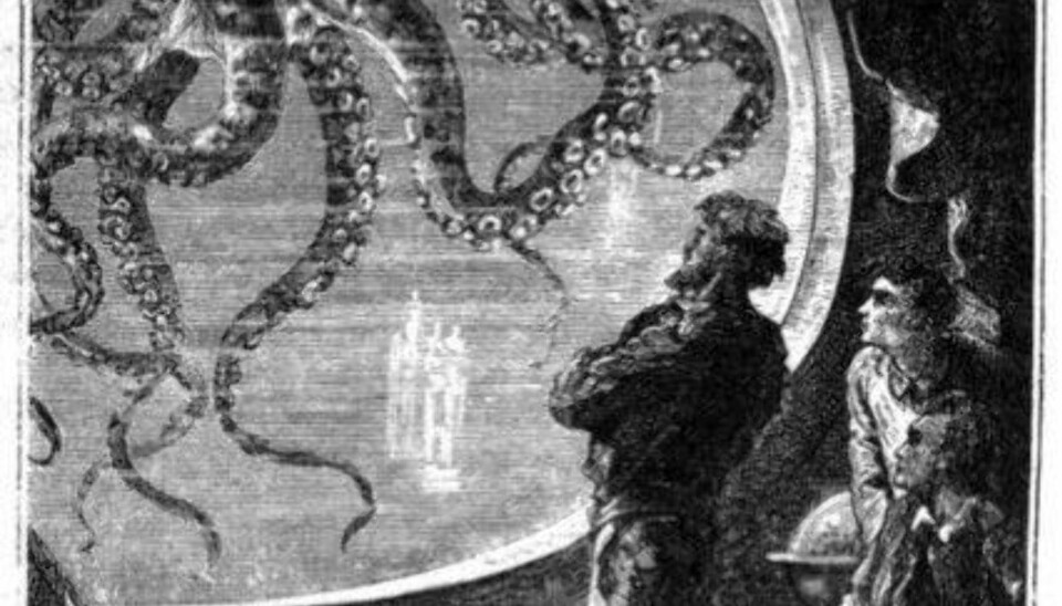 FABELDYR: Jules Vernes berømte kaptein Nemo møter på en kjempeblekksprut i «En verdensomseiling under havet». Verne ble inspirert av diktet «The Kraken».