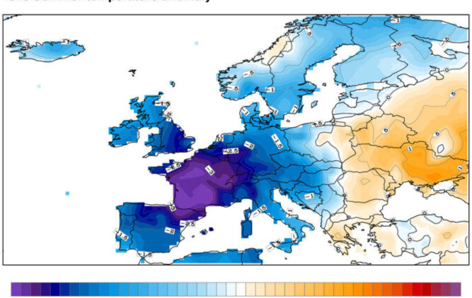 KALDT: Sommertemperaturen i Europa 1816 sammelignet med normalperioden 1971-2000.
