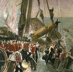 Maleren Thomas M. M. Hemy skildrer forliset til HMS Birkenhead i «Wreck of the Birkenhead». Fregatten gikk på grunn og sank ved Danger Point nær Gansbaai utenfor Cape Town i Sør-Afrika.