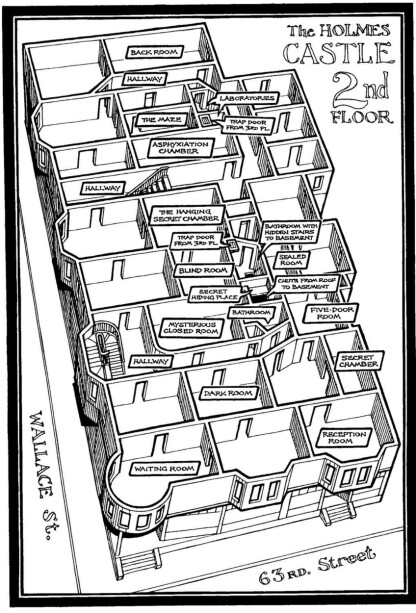 «BORGEN»: Holmes har etterlatt seg detaljerte plantegninger over sitt drapshotell. Her en oversikt over annen etasje.