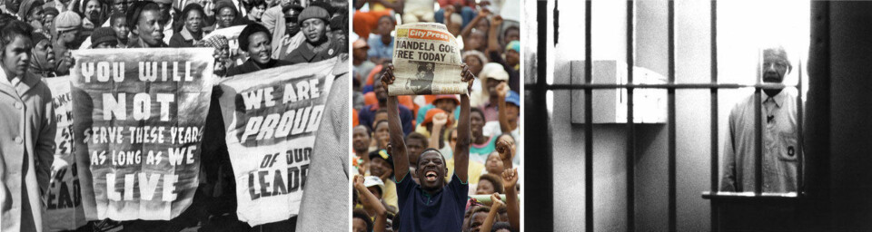 TILBAKE I CELLA: På bildet helt til venstre ser du Nelson Mandela tilbake i fengselscellen han satt i da han var fengslet på Robben Island.
