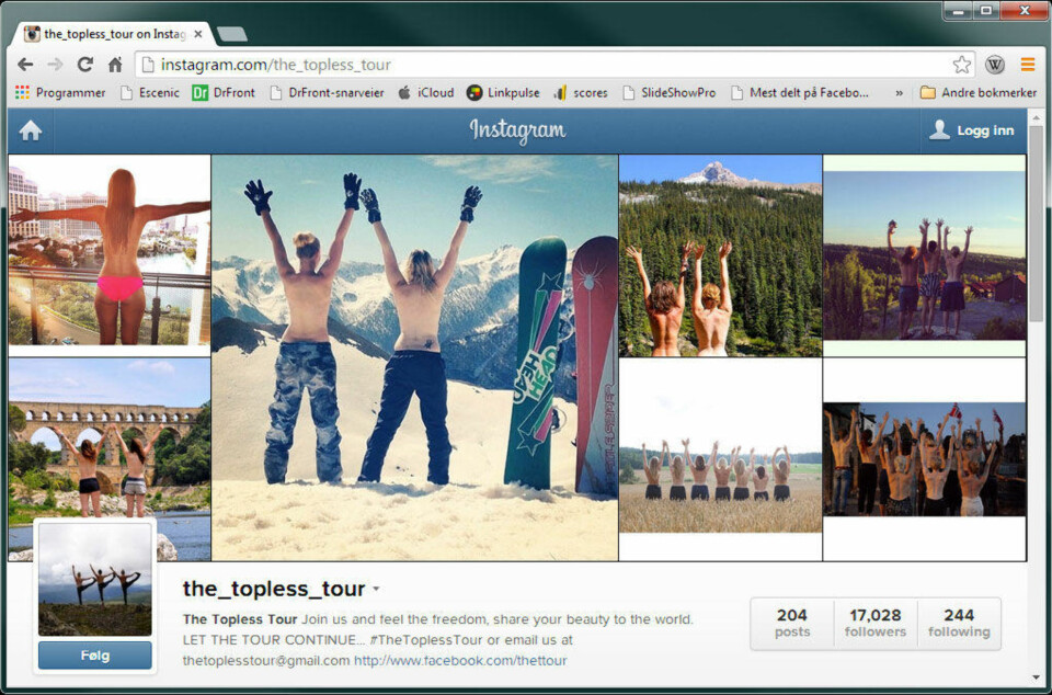 TOPPLØSTREND: Folk fra hele verden knipser toppløsbilder og publiserer på Instagram med taggen #TheToplessTour.