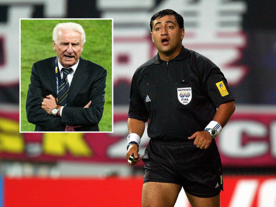 «DEN SKYLDIGE»: Giovanni Trapattoni (innfelt) mener denne dommeren var ansvarlig for at Italia røk ut i åttedelsfinalen av VM i 2002.