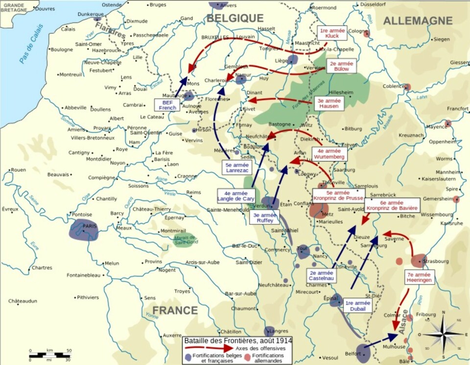 Den franske planen var et raskt angrep i Lorraine, mens den tyske planen var en sterk offensiv gjennom Belgia. Da de to planene møttes betydde det blodbad på begge sider.